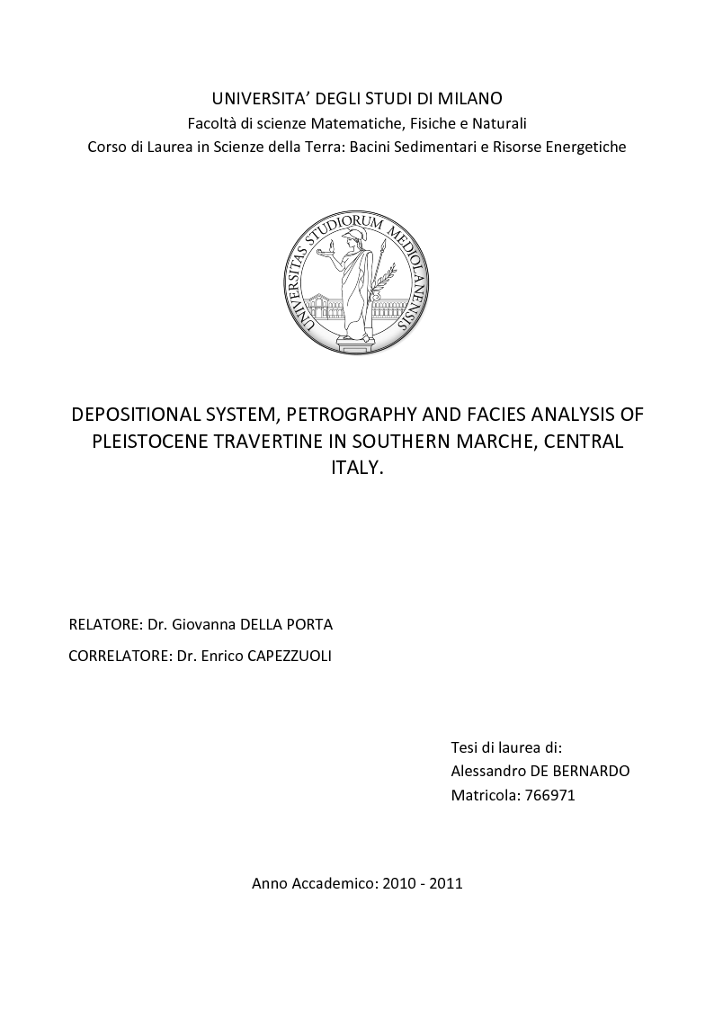 Anteprima della tesi: Depositional System, Petrography and Facies Analysis of Pleistocene Travertine in Southern MarcheE, Central Italy, Pagina 1