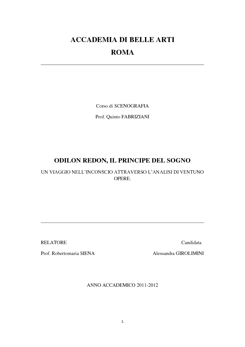 Anteprima della tesi: Odilon Redon, il principe del sogno. Un viaggio nell'inconscio attraverso le analisi di ventuno opere, Pagina 1
