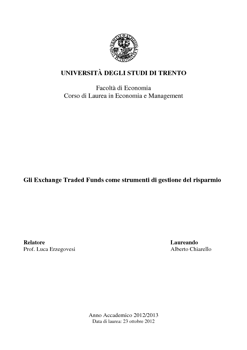 Anteprima della tesi: Gli Exchange Traded Funds come strumenti di gestione del risparmio, Pagina 1