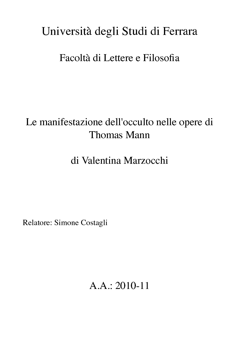 Anteprima della tesi: Le manifestazioni dell'occulto nelle opere di Thomas Mann, Pagina 1