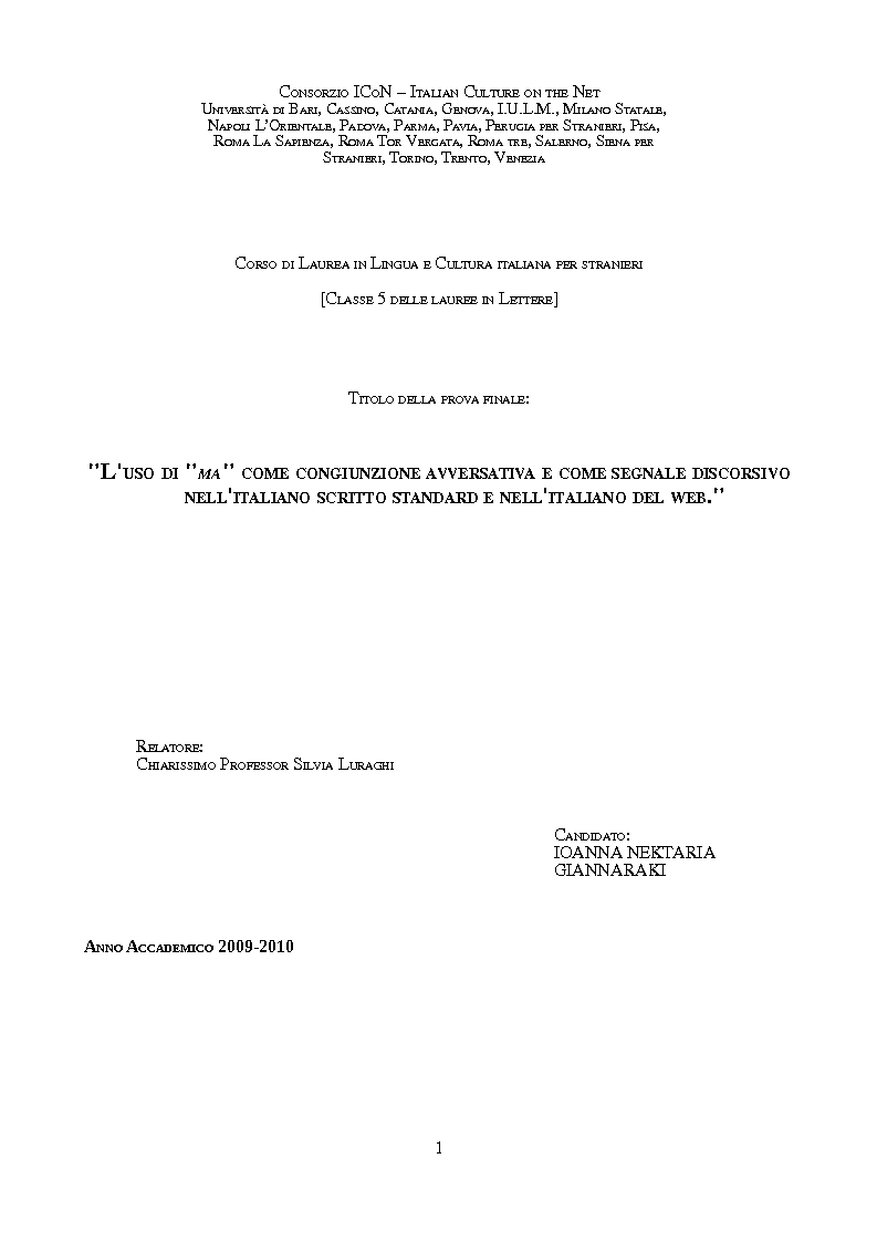 Anteprima della tesi: L'uso di ''ma'' come congiunzione avversativa e come segnale discorsivo nell'italiano scritto standard e nell'italiano del Web, Pagina 1