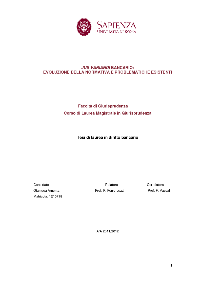 Anteprima della tesi: Jus variandi bancario: evoluzione della normativa e problematiche esistenti, Pagina 1