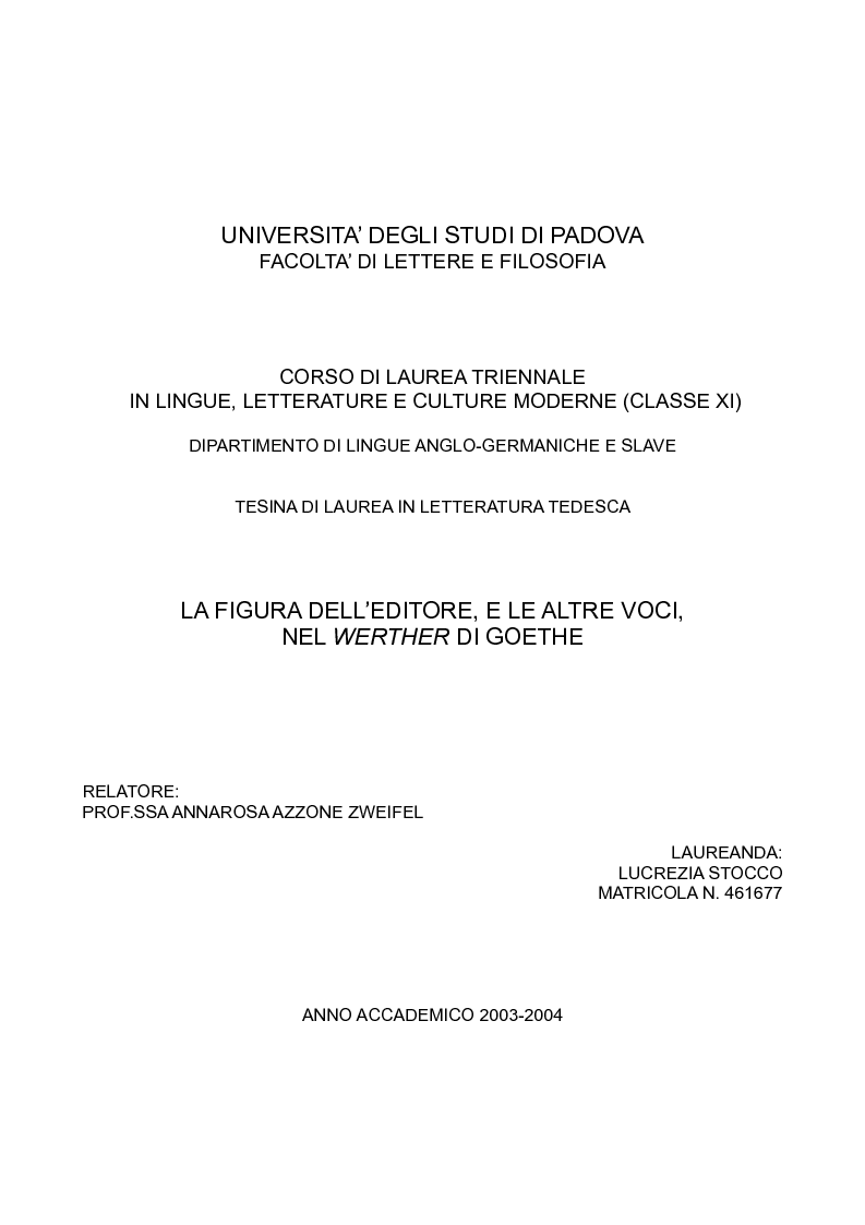 Anteprima della tesi: La figura dell'editore, e le altre voci, nel Werther di Goethe, Pagina 1