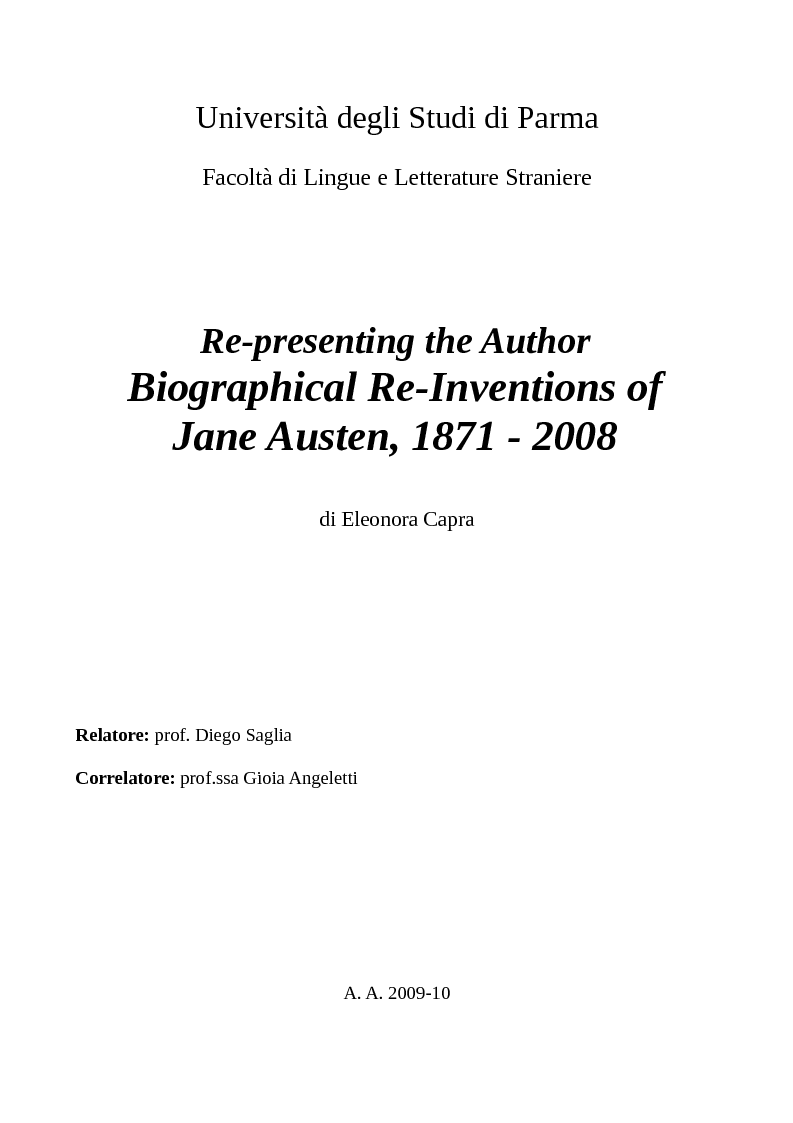 Anteprima della tesi: Re-presenting the Author: Biographical Re-Inventions of Jane Austen, 1871 - 2008, Pagina 1