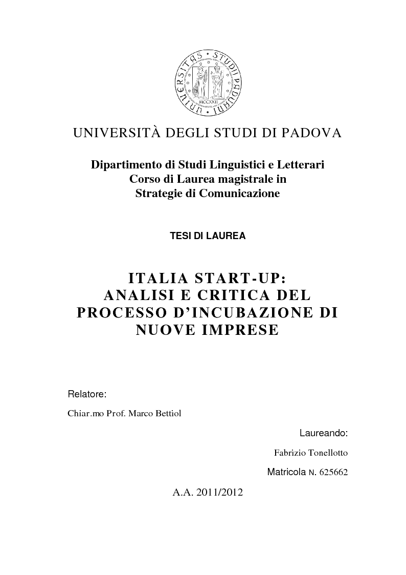 Anteprima della tesi: Italia start-up: analisi e critica del processo d'incubazione di nuove imprese, Pagina 1
