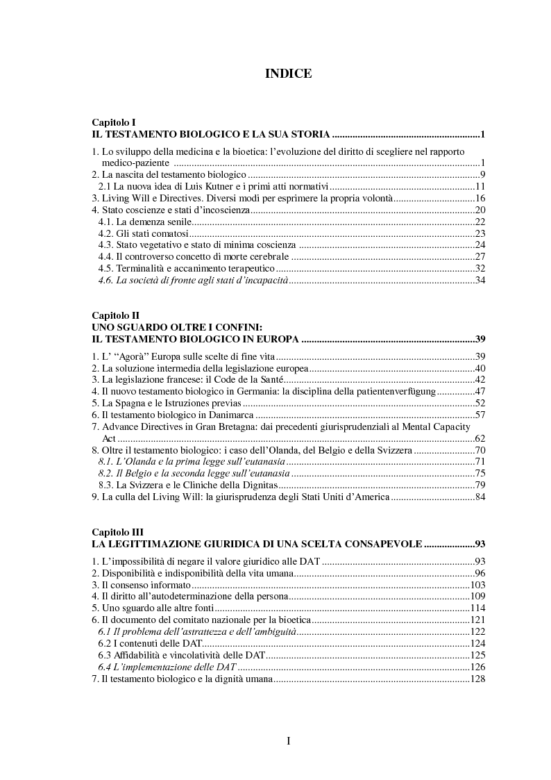 Indice della tesi: Testamento biologico e principio di Autodeterminazione, Pagina 1