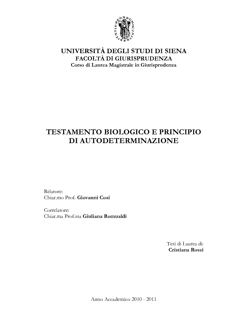 Anteprima della tesi: Testamento biologico e principio di Autodeterminazione, Pagina 1