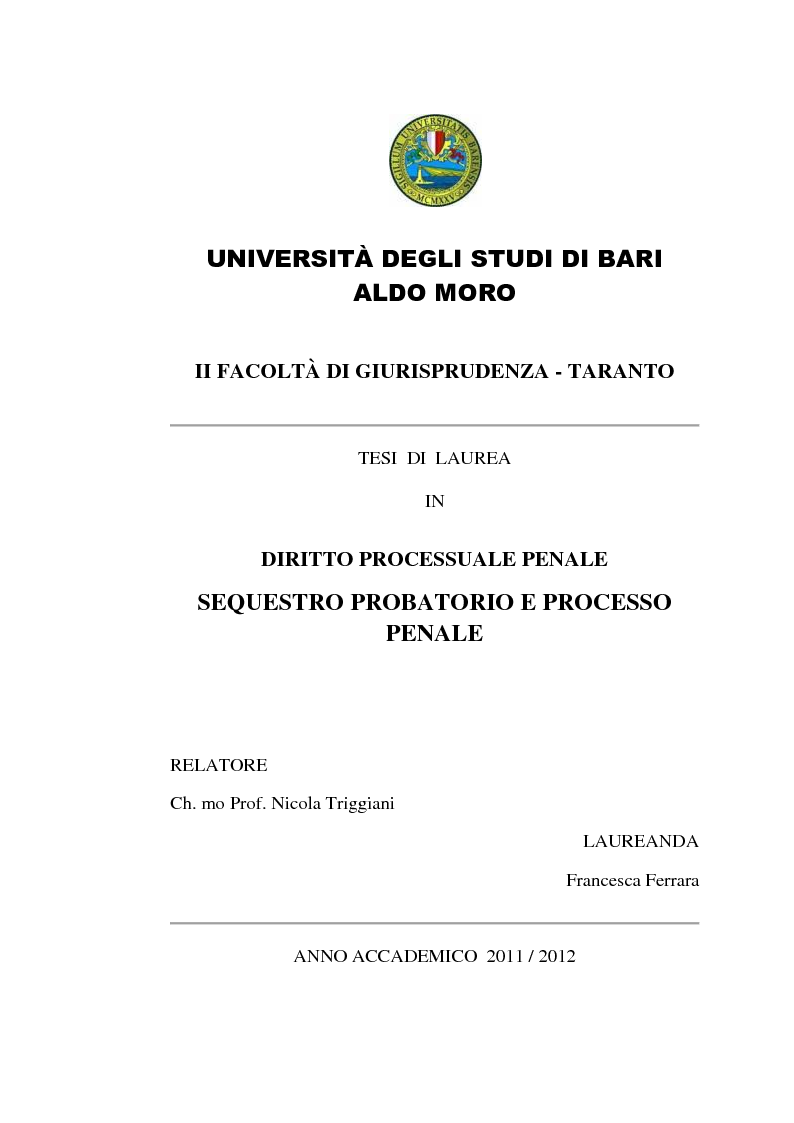 Anteprima della tesi: Sequestro probatorio e processo penale, Pagina 1