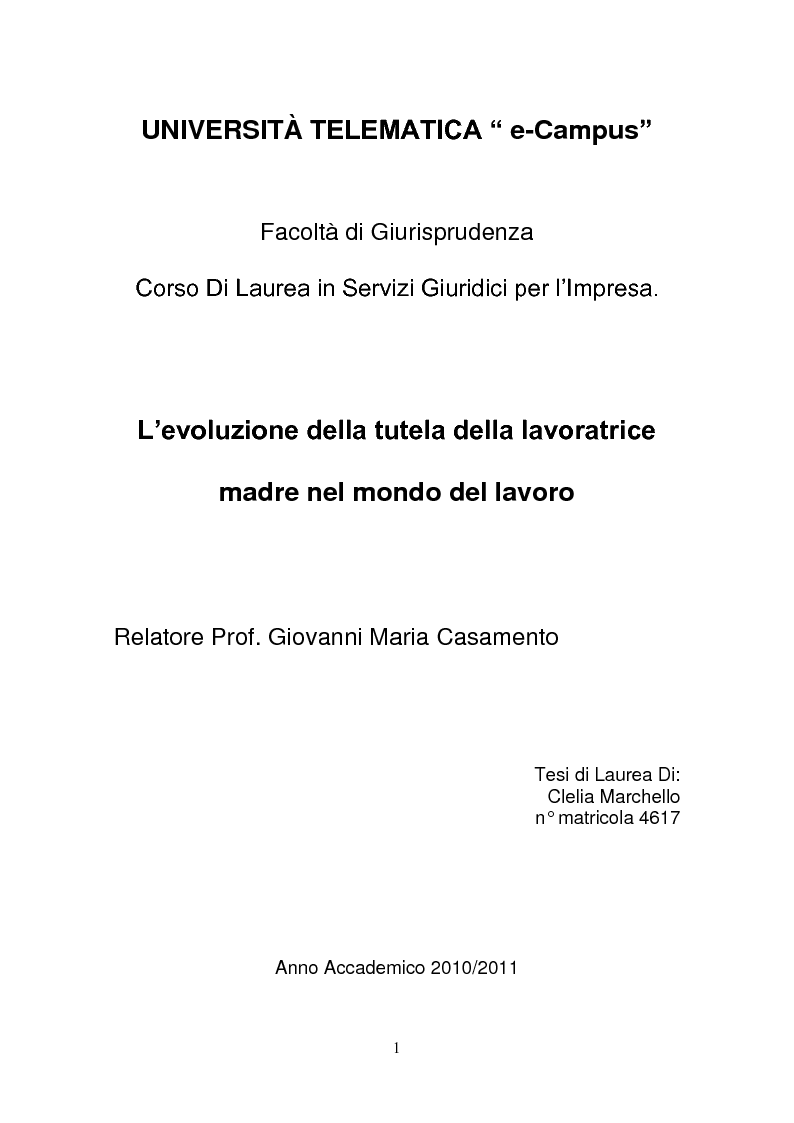Anteprima della tesi: L’evoluzione della tutela della lavoratrice madre nel mondo del lavoro., Pagina 1