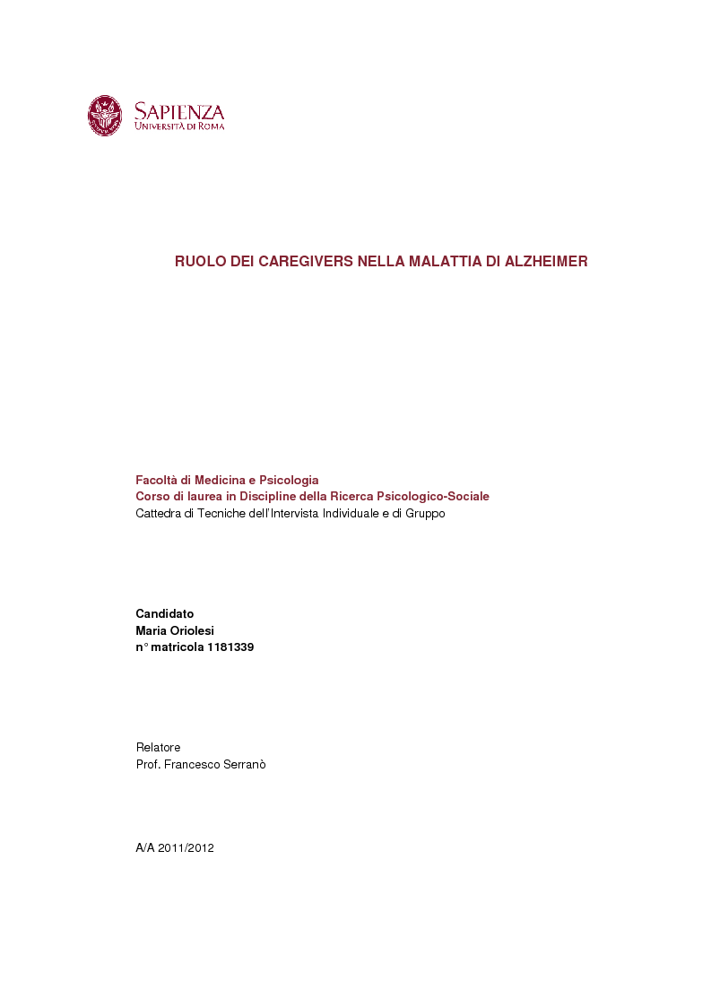 Anteprima della tesi: Ruolo dei caregivers nella malattia di Alzheimer, Pagina 1