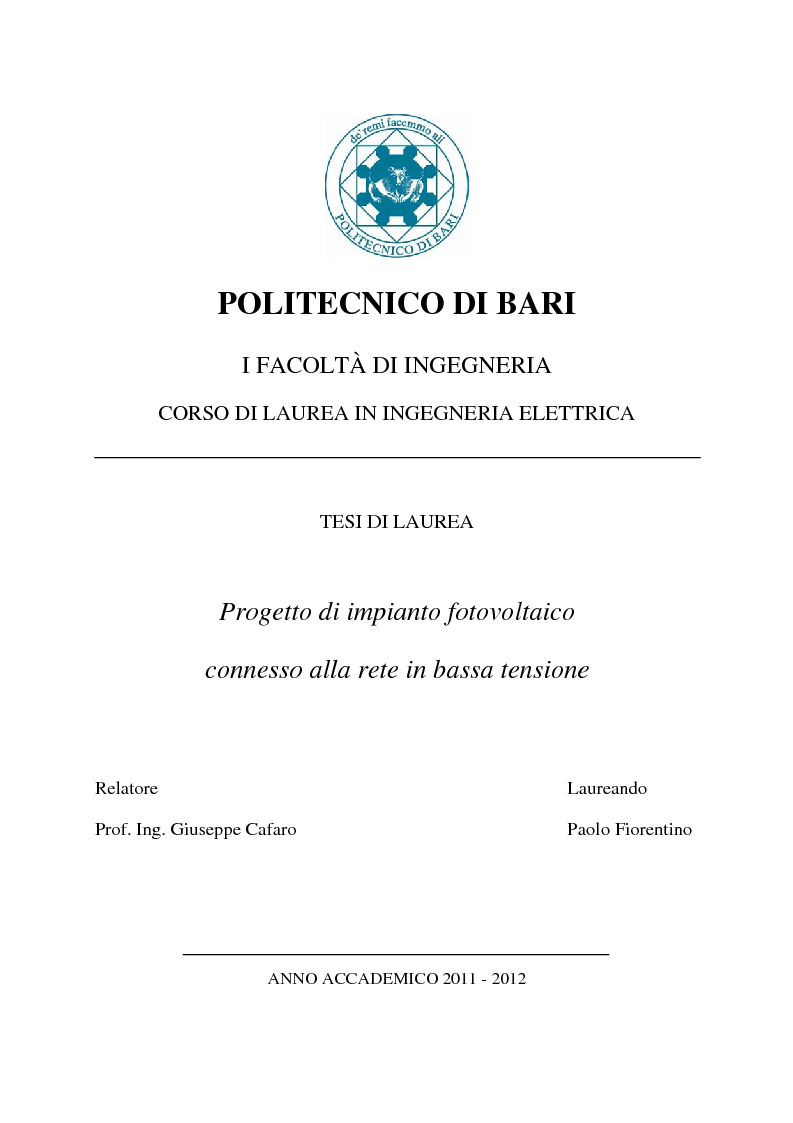 Anteprima della tesi: Progetto di impianto fotovoltaico connesso alla rete in bassa tensione, Pagina 1