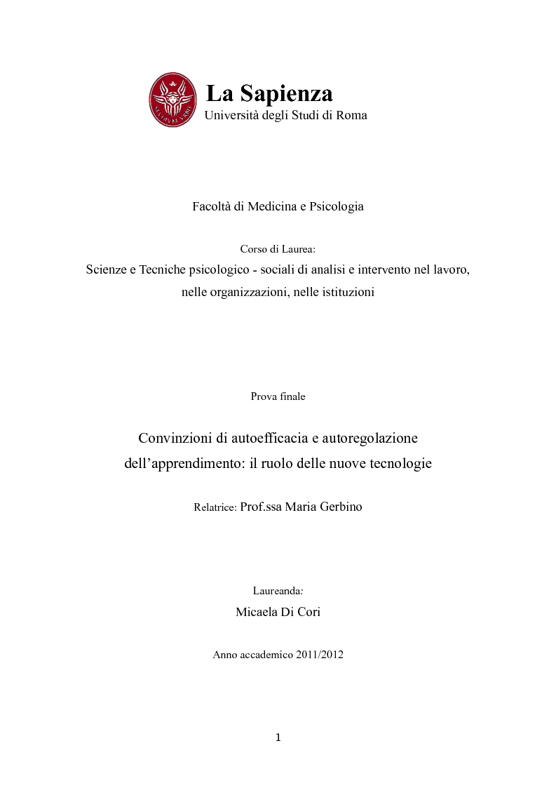 Anteprima della tesi: Convinzioni di autoefficacia e autoregolazione dell'apprendimento:il ruolo delle nuove tecnologie, Pagina 1