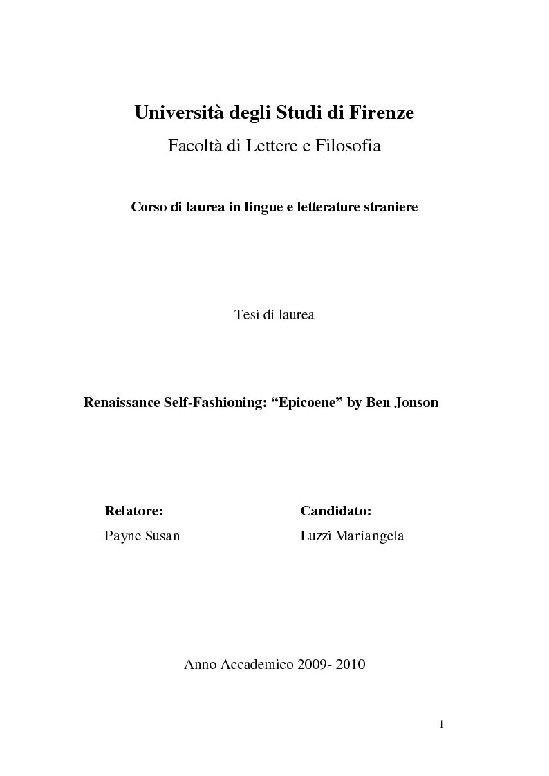 Anteprima della tesi: Renaissance Self-Fashioning: ''Epicoene'' by Ben Jonson, Pagina 1