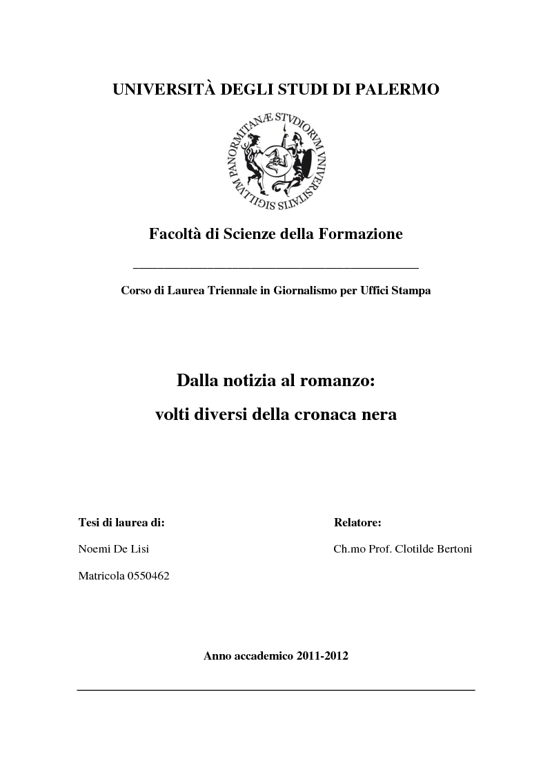 Anteprima della tesi: Dalla notizia al romanzo: volti diversi della cronaca nera, Pagina 1