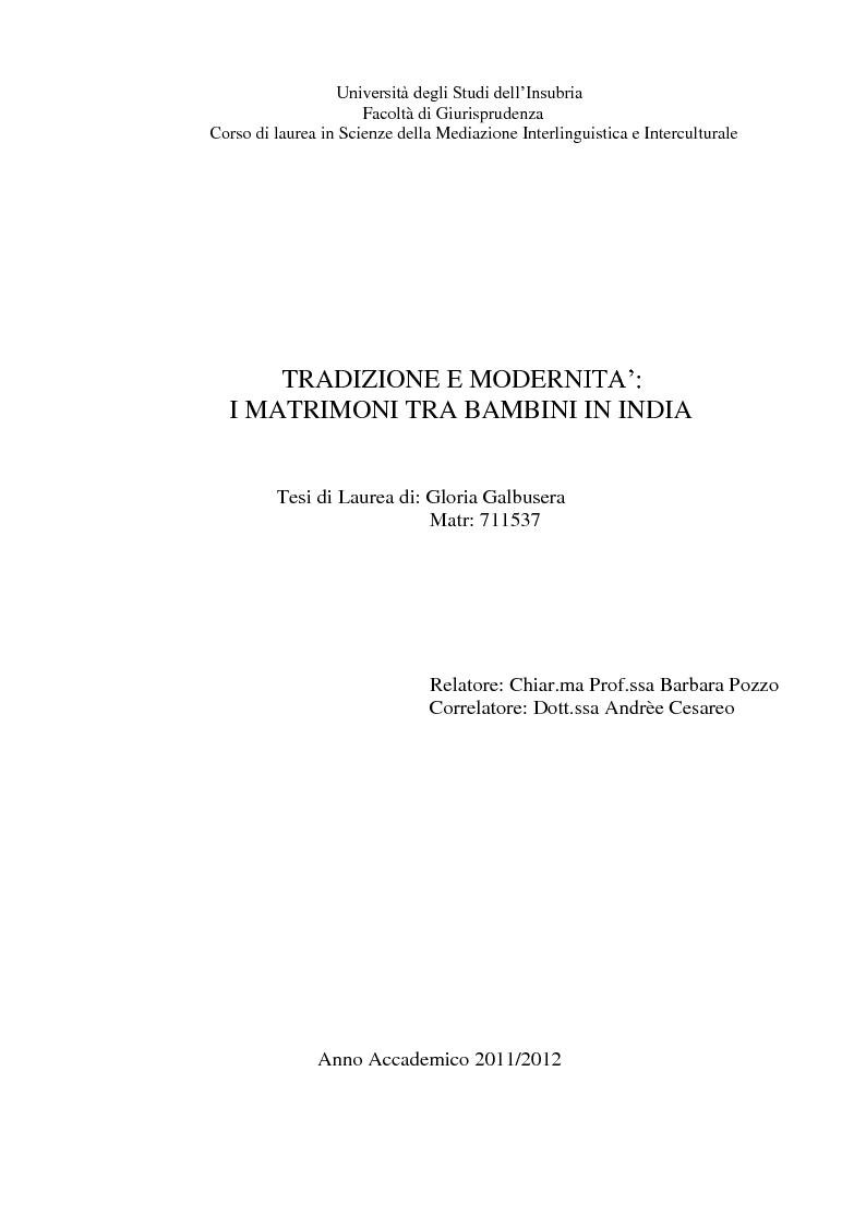 Anteprima della tesi: Tradizione e modernità: i matrimoni tra bambini in India, Pagina 1