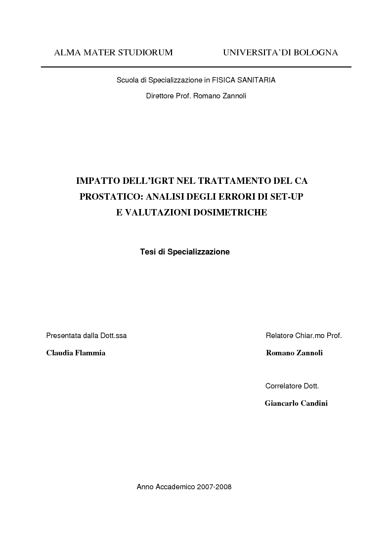 Anteprima della tesi: Impatto dell'IGRT nel trattamento del carcinoma prostatico: analisi degli errori di set-up e valutazioni dosimetriche, Pagina 1