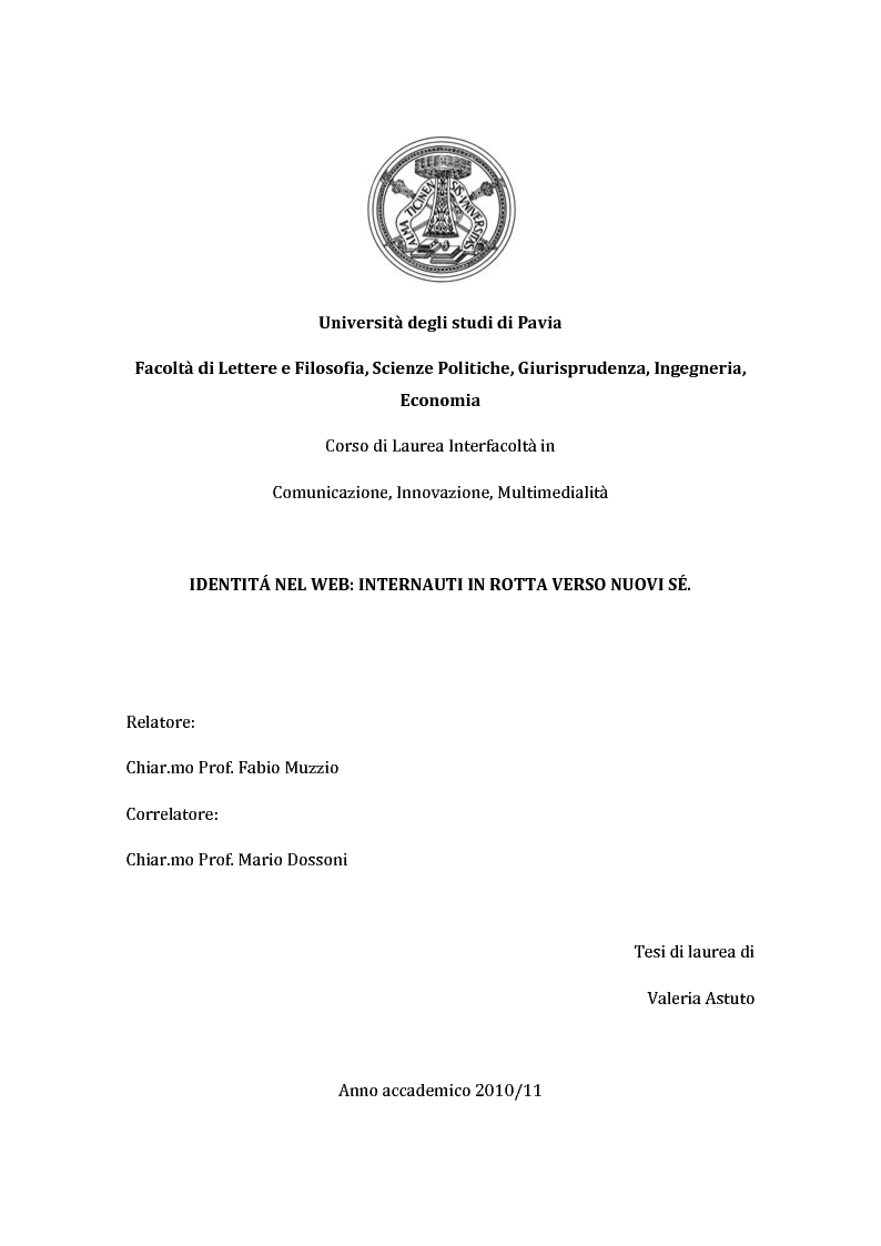 Anteprima della tesi: Identità nel Web: internauti in rotta verso nuovi sé., Pagina 1