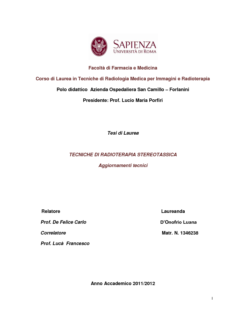 Anteprima della tesi: Tecniche di radioterapia stereotassica - Aggiornamenti tecnici, Pagina 1