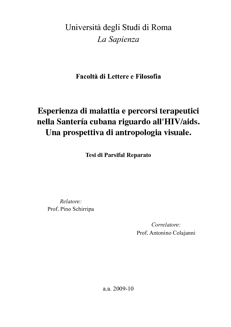 Anteprima della tesi: Esperienza di malattia e percorsi terapeutici nella Santería cubana riguardo all'HIV/aids. Una prospettiva di antropologia visuale., Pagina 1