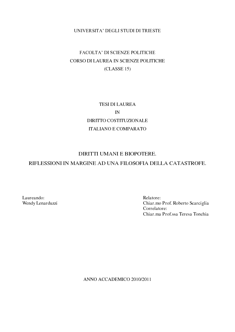 Anteprima della tesi: Diritti umani e biopotere. Riflessioni in margine ad una filosofia della catastrofe, Pagina 1