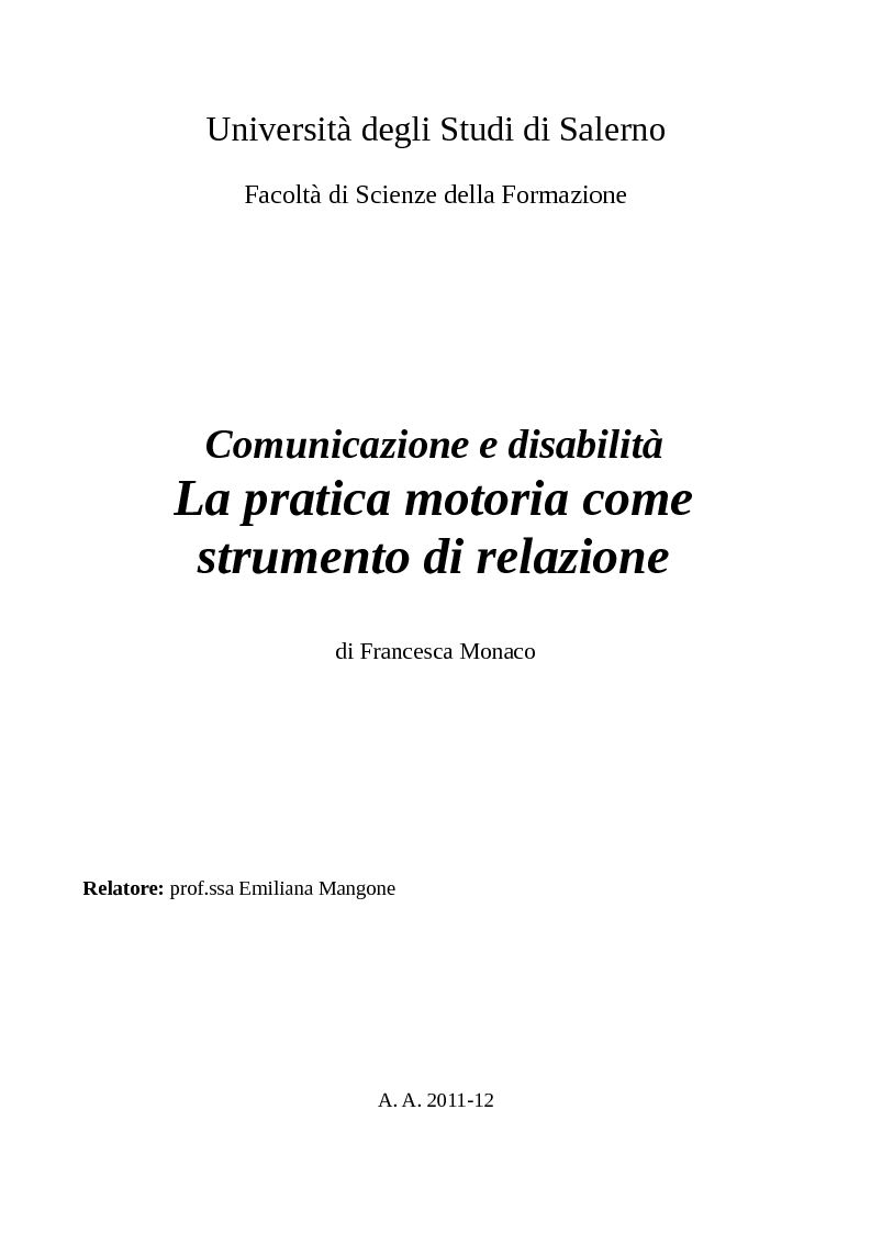 Anteprima della tesi: Comunicazione e disabilità. La pratica motoria come strumento di relazione, Pagina 1