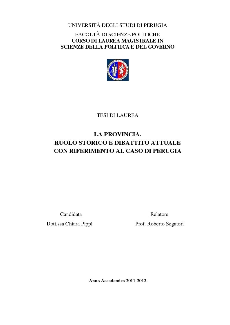 Anteprima della tesi: La Provincia. Ruolo storico e dibattito attuale con riferimento al caso di Perugia, Pagina 1