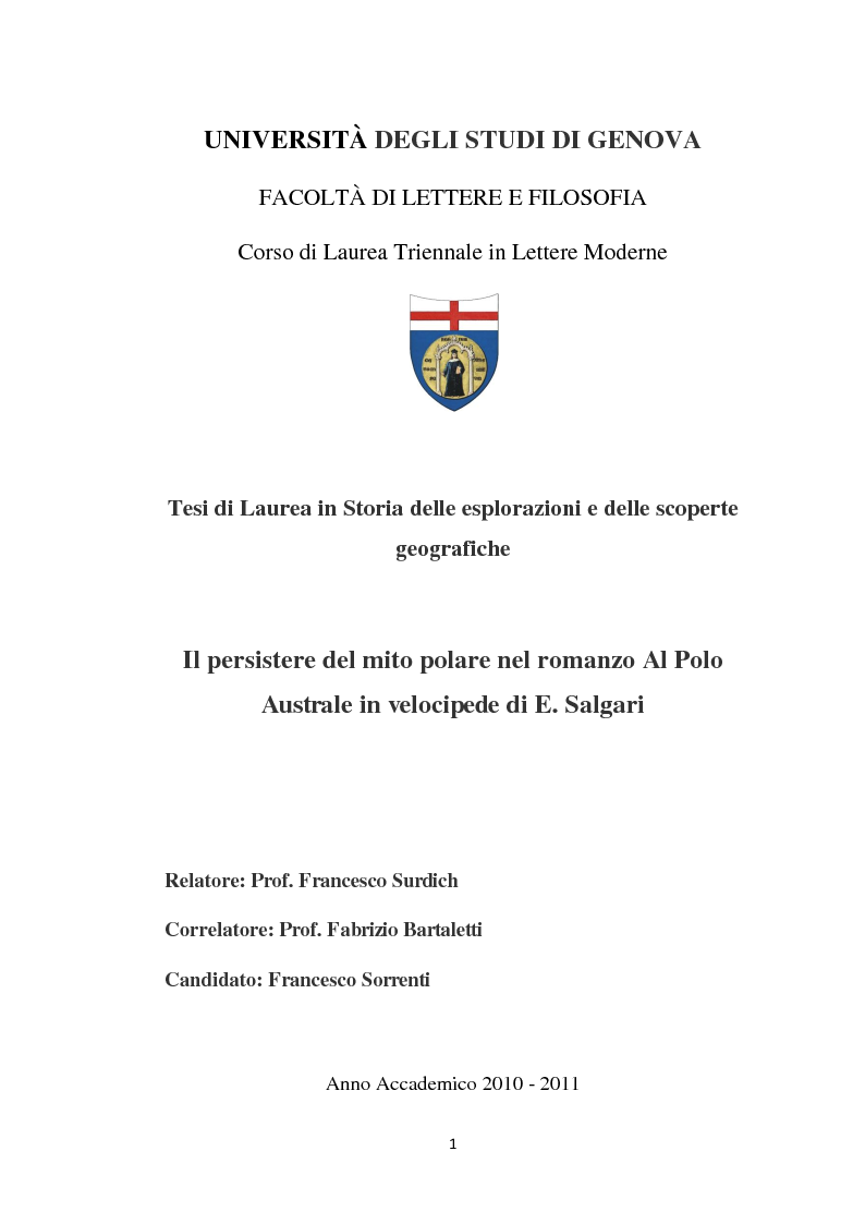 Anteprima della tesi: Il persistere del mito polare nel romanzo ''Al Polo Australe in velocipede'' di E. Salgari, Pagina 1