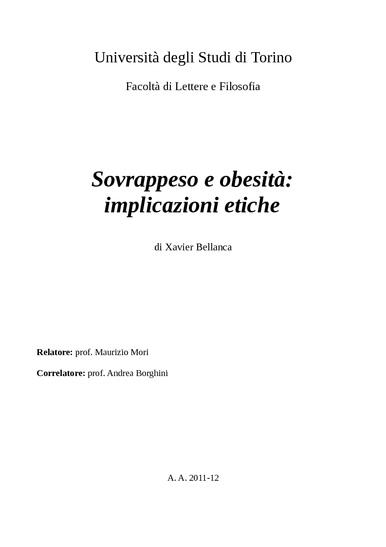 Anteprima della tesi: Sovrappeso e obesità: implicazioni etiche, Pagina 1