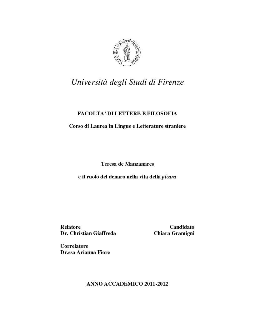 Anteprima della tesi: Teresa de Manzanares e il ruolo del denaro nella vita della pícara
, Pagina 1