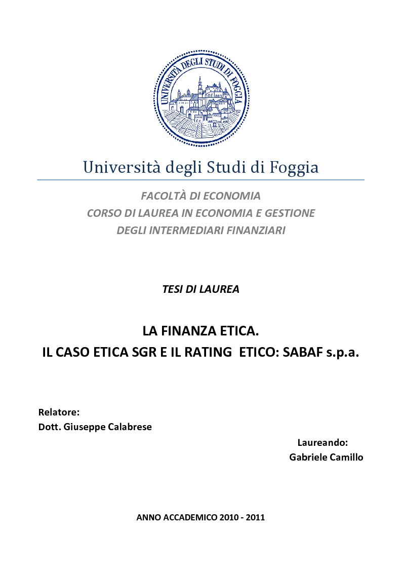 Anteprima della tesi: La Finanza Etica. Il Caso Etica Sgr e il Rating Etico: Sabaf S.P.A., Pagina 1
