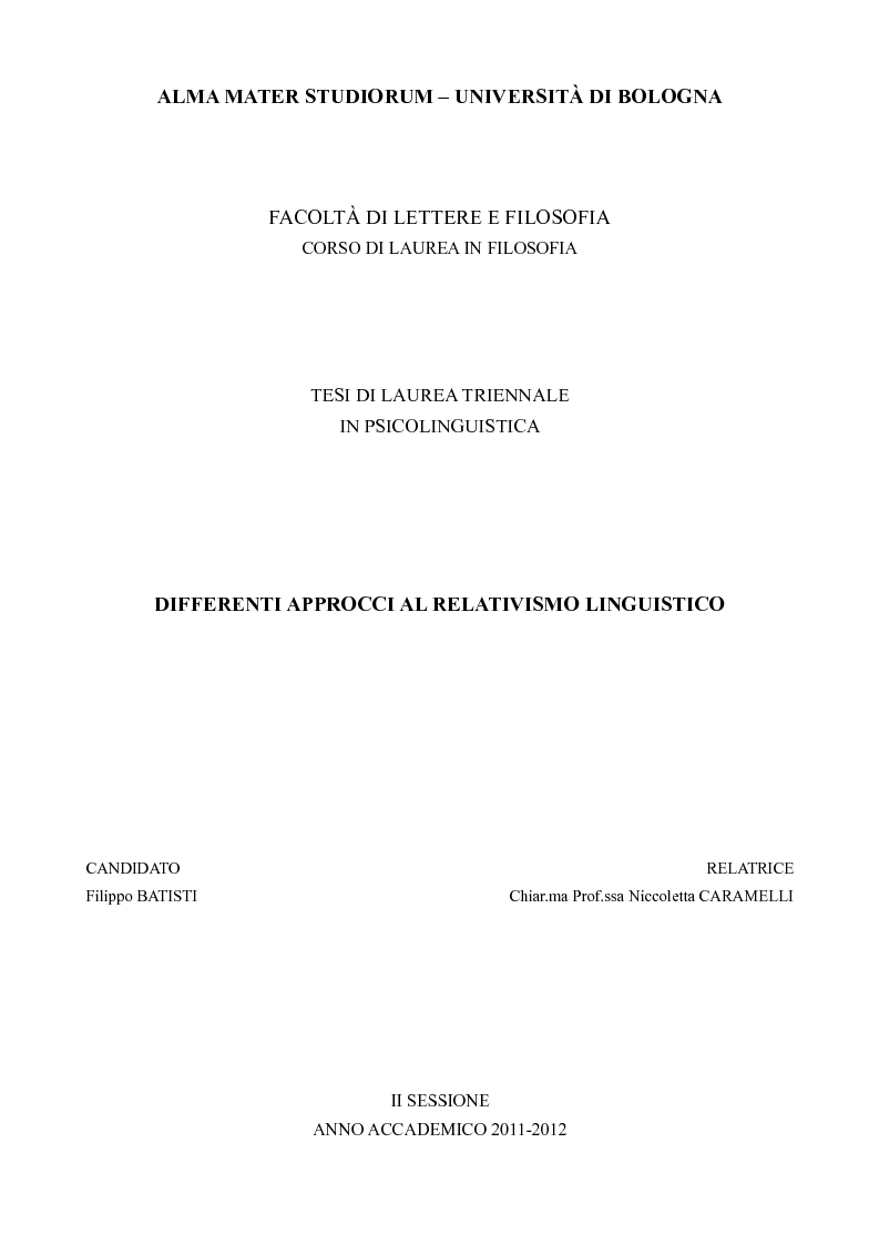 Anteprima della tesi: Differenti approcci al Relativismo Linguistico, Pagina 1