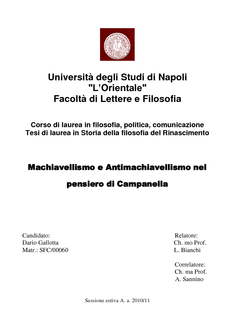 Anteprima della tesi: Machiavellismo e antimachiavellismo nel pensiero di Campanella, Pagina 1
