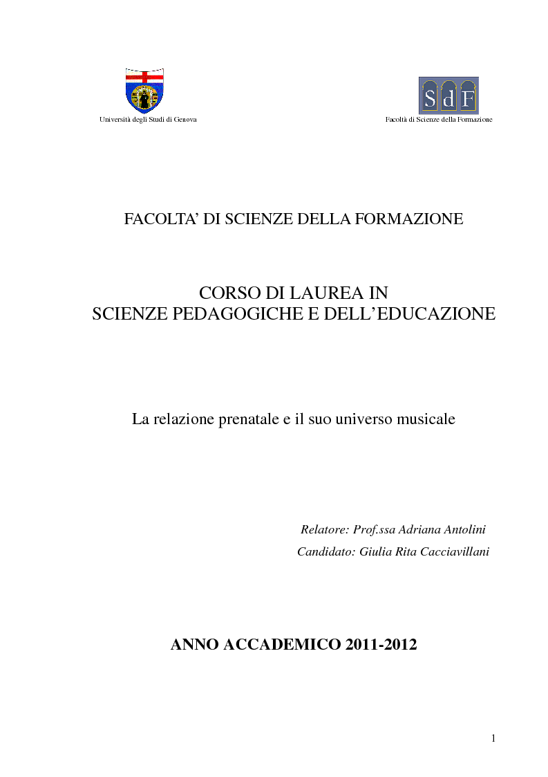 Anteprima della tesi: La relazione prenatale e il suo universo musicale, Pagina 1