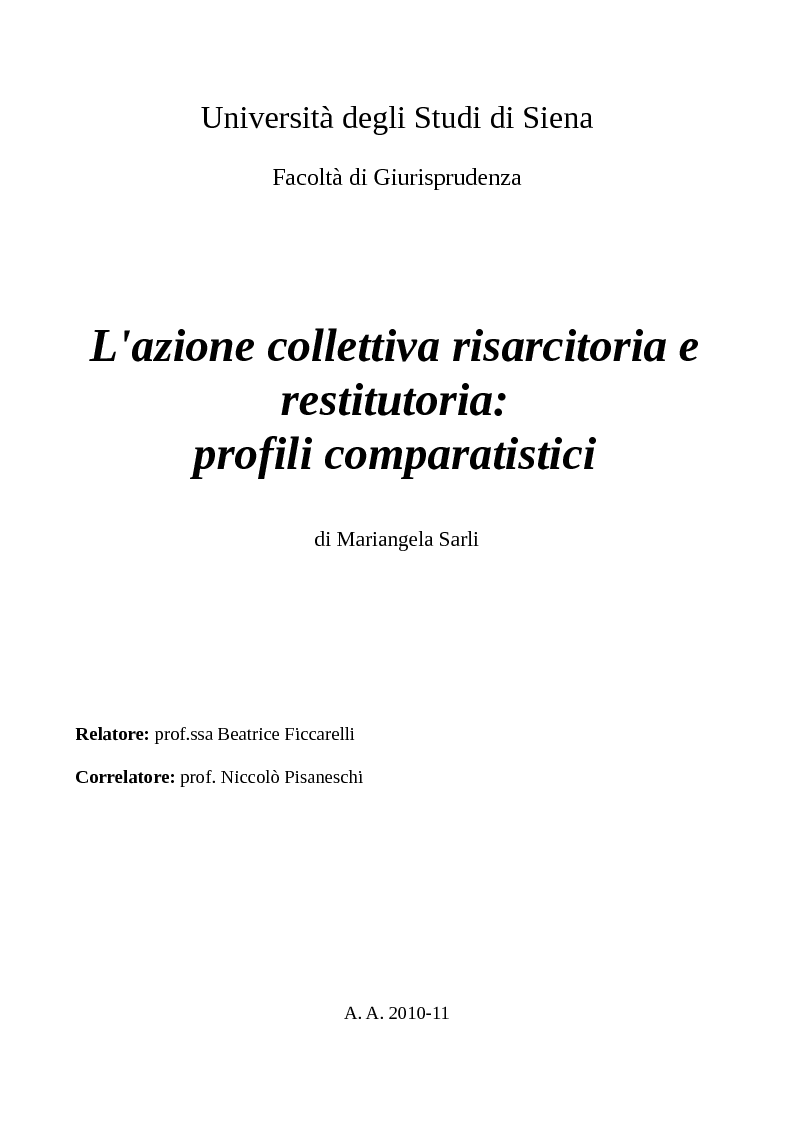 Anteprima della tesi: L'azione collettiva risarcitoria e restitutoria: profili comparatistici, Pagina 1