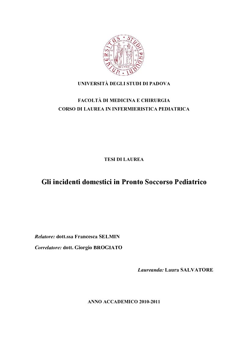 Anteprima della tesi: Gli incidenti domestici in Pronto Soccorso Pediatrico, Pagina 1