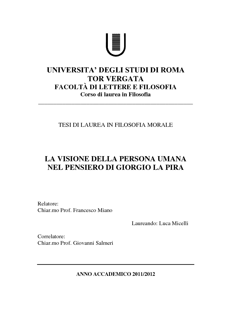 Anteprima della tesi: La visione della persona umana nel pensiero di Giorgio La Pira, Pagina 1