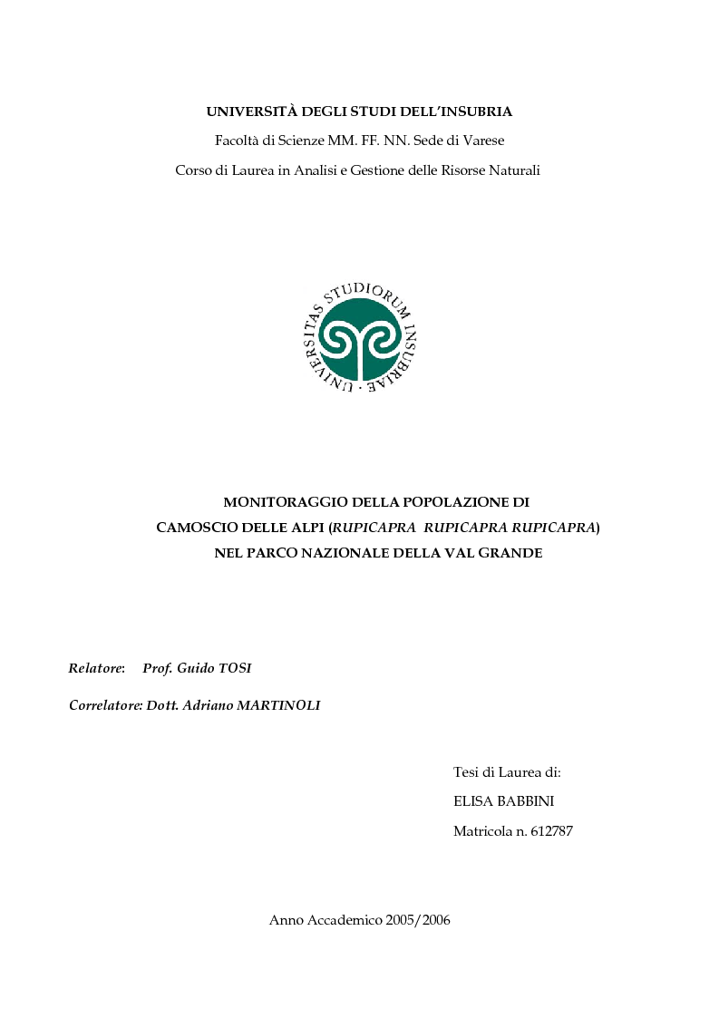Anteprima della tesi: Monitoraggio della popolazione di Camoscio delle Alpi (Rupicapra rupicapra rupicapra) nel parco nazionale della Val Grande, Pagina 1