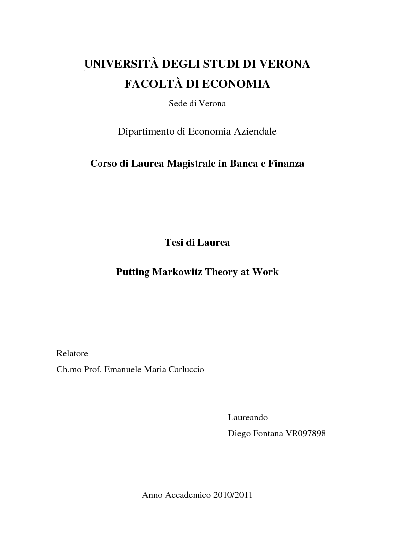 Anteprima della tesi: Putting Markowitz Theory at Work, Pagina 1