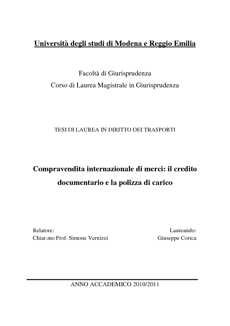 Anteprima della tesi: Compravendita internazionale di merci: il credito documentario e la polizza di carico, Pagina 1