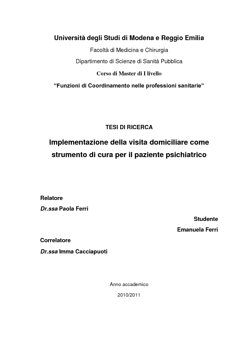 Anteprima della tesi: Implementazione della visita domiciliare come strumento di cura per il paziente psichiatrico, Pagina 1