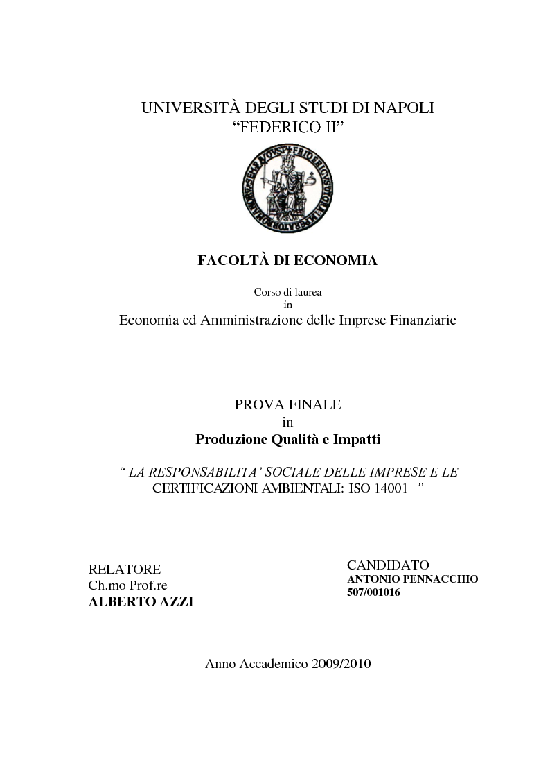Anteprima della tesi: La Responsabilità sociale delle imprese e le certificazioni ambientali: Iso 14001, Pagina 1