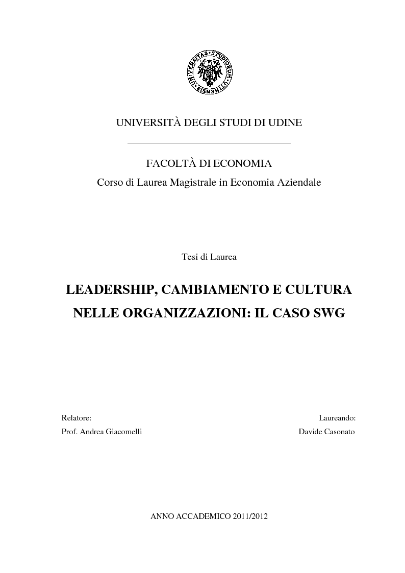 Anteprima della tesi: Leadership, cambiamento e cultura nelle organizzazioni: il caso SWG, Pagina 1