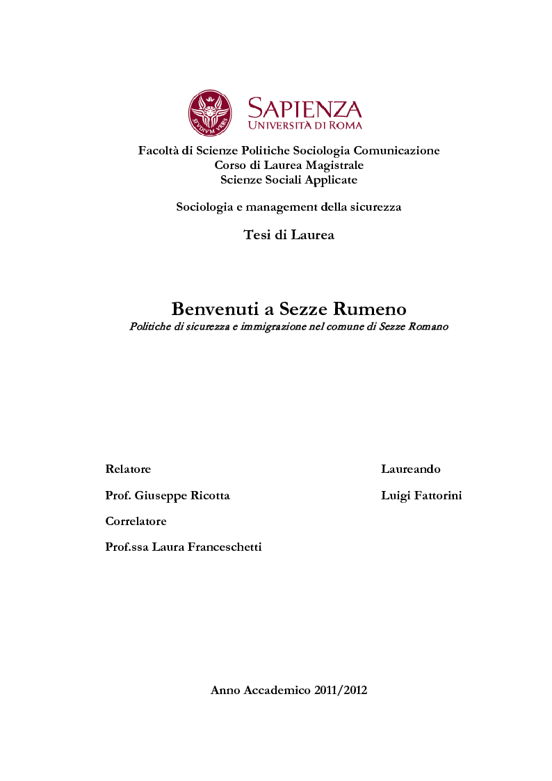 Anteprima della tesi: Benvenuti a Sezze Rumeno - Politiche di sicurezza e immigrazione nel comune di Sezze Romano, Pagina 1