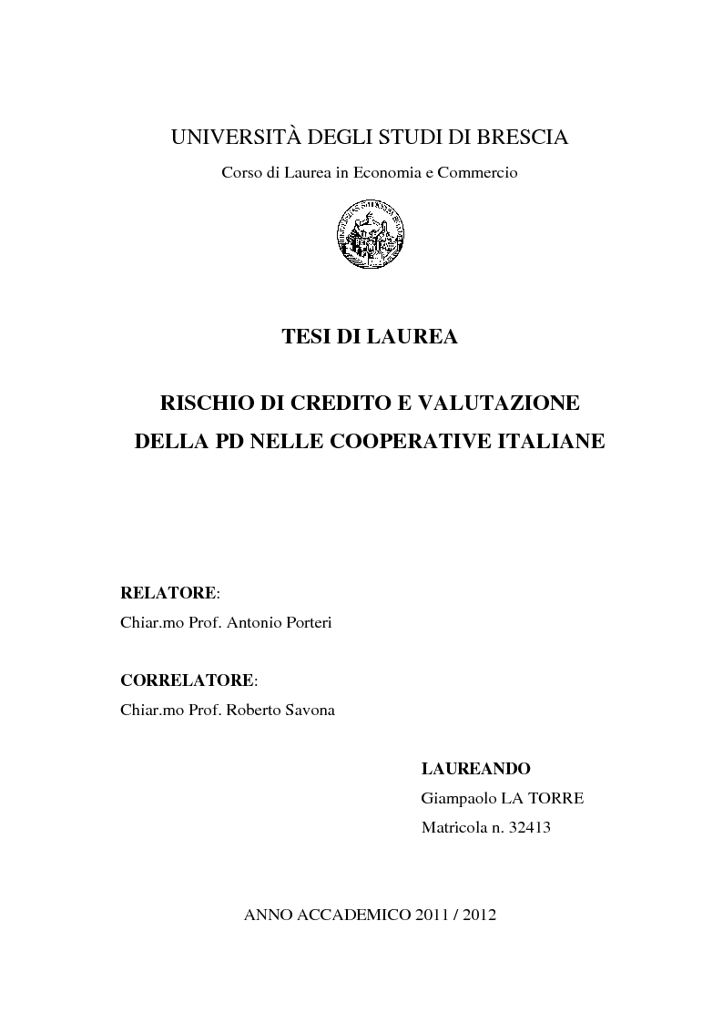 Anteprima della tesi: Rischio di Credito e Valutazione della PD nelle Cooperative Italiane, Pagina 1