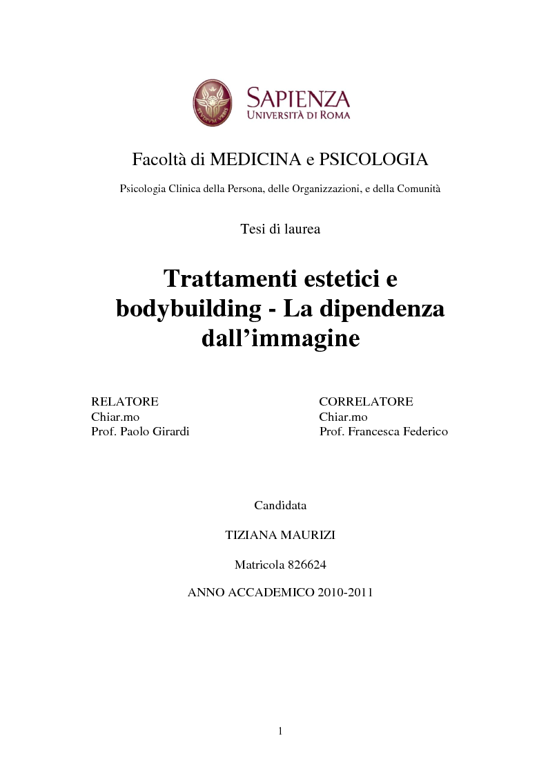 Anteprima della tesi: Trattamenti estetici e bodybuilding - La dipendenza dall'immagine, Pagina 1