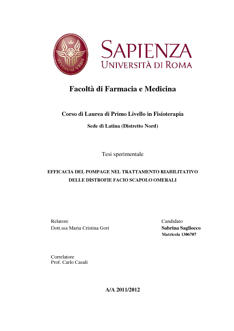 Anteprima della tesi: Efficacia del Pompage nel trattamento riabilitativo delle Distrofie Facio Scapolo Omerali, Pagina 1
