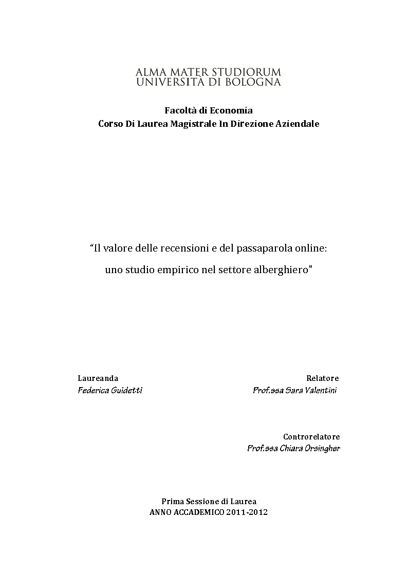 Anteprima della tesi: Il valore delle recensioni e del passaparola online: uno studio empirico nel settore alberghiero, Pagina 1