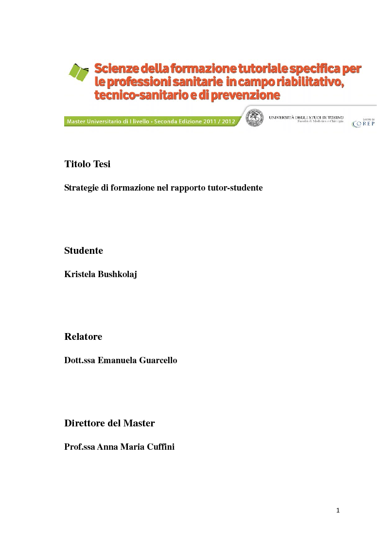 Anteprima della tesi: Strategie di formazione nel rapporto tutor-studente, Pagina 1