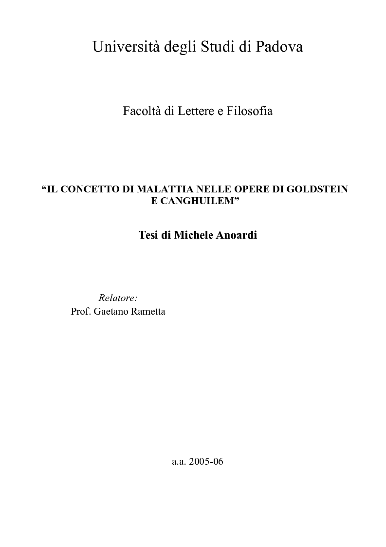 Anteprima della tesi: Il concetto di malattia nelle opere di Goldstein e Canghuilem, Pagina 1