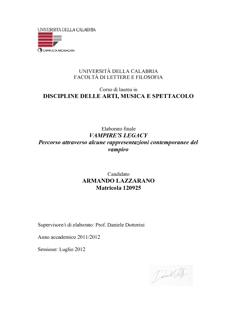 Anteprima della tesi: Vampire's legacy: percorso attraverso alcune rappresentazioni contemporanee del vampiro, Pagina 1
